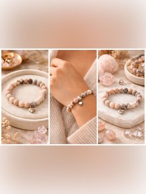 Pink Jasper Beaded Heart Bracelet | Healing Crystal Stretch Bracelet